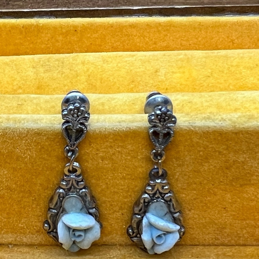 Vintage Carved Blue Rose Earrings